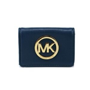 NWT Michael Kors Fulton MK Logo Leather Credit Card Case Navy